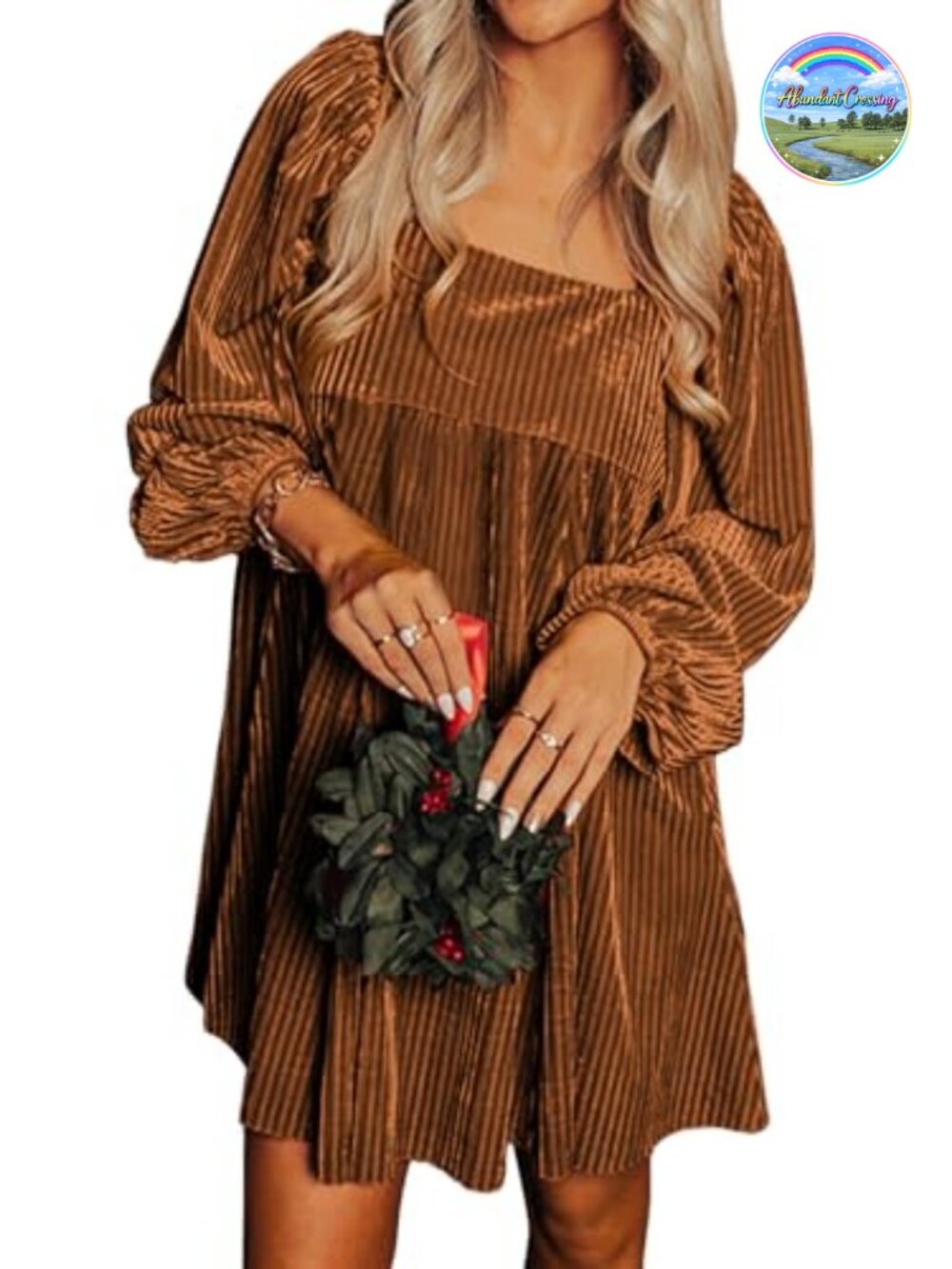 Women's Velvet Square Neck Long Sleeve Babydoll Shift Mini Dress